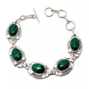 Green Malachite Gemstone Handmade 925 Sterling Silver Jewelry Bracelet Size 7-8" - Picture 1 of 1