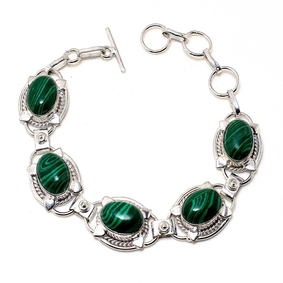 Green Malachite Gemstone Handmade 925 Sterling Silver Jewelry Bracelet Size 7-8" - Image 1 of 1