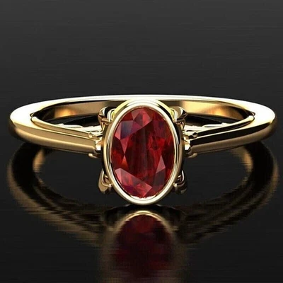 Anillo Rubí Creado en Laboratorio 3CT Corte Ovalado Creado en Laboratorio Chapado en Oro Amarillo 14K Foto 1 de 2