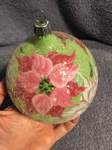 Glass Poinsettia Christmas Ornament ITALY Ball Flocked Sparkle Pink Red Floral - Picture 1 of 8