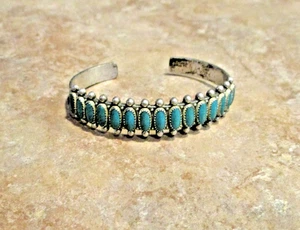 FINE Vintage Navajo Sterling Silver FIFTEEN PETIT POINT Turquoise Row Bracelet - Picture 1 of 13