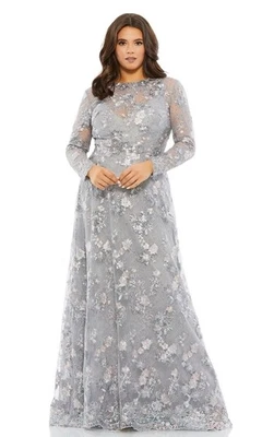 Mac Duggal Platinum Gray Sequin Floral Embroidered Long Sleeve Gown Sz 18 Formal - Image 1 of 4