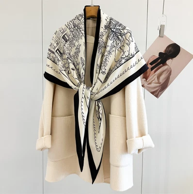 60% Lana 40% Seda Envolvente Bufanda Blanco París Estampado Triángulo Chal 195X125X125cm Nuevo Foto 1 de 4