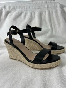 Stuart Weitzman Shoes Black Leather Teddi Espadrille Wedge Sandals Size 8 Y1130A - Picture 1 of 24