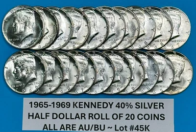 1965-1969 Kennedy Silver Half Dollars Coin Lot Roll of 20 AU/BU 40% SILVER Coins - Image 1 of 4