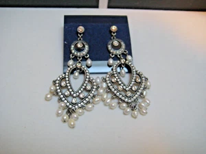 Vintage Ben Amun 3” Dangle Earrings Rhinestones Cultured Pearls Lovely - Picture 1 of 8