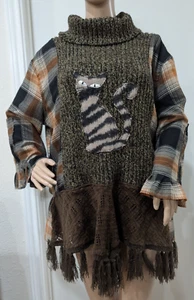 Upcycled Cowl Neck Sweater Flannel Top Cat Appliqué Fringe Brown Black Size M/L - Picture 1 of 9