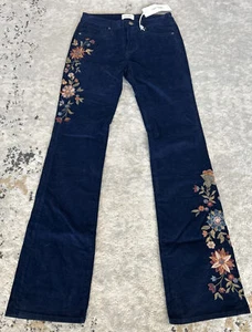 New Free People Driftwood Straight Leg Navy Kelly Embroidrd Velvet Pants 26 - Picture 1 of 6
