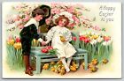 Easter~Boy Tips Hat~Girl w/ Chicks On Park Bench~Tulips in Bloom~Embossed TUCK