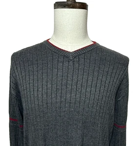 Quiksilver Sweater Mens Large Gray Striped V Neck Pullover Long Sleeve Preppy - Picture 1 of 10