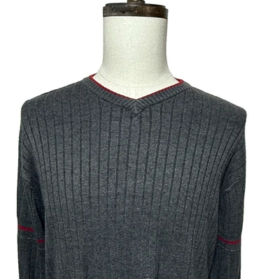 Quiksilver Sweater Mens Large Gray Striped V Neck Pullover Long Sleeve Preppy - Image 1 of 4