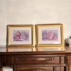 VOGELHAUS BILD HINTERHOF MORGEN BARBARA MOCK Aquarell gedruckt gerahmt Set - Bild 1 von 9