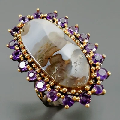 Handmade 13ct+ Natural Moss Agate Ring 925 Sterling Silver Size 8 /R426107 - Image 1 of 4