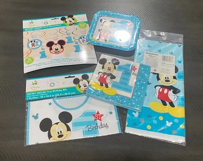 Disney Mickey Mouse 1-й день рождения вечеринки расходные материалы тарелки, салфетки, скатерть, нагрудник - Изображение 1 из 4
