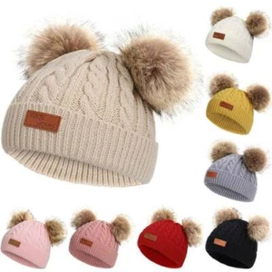 Toddler Baby Faux Fur Pom Pom Bobble Hat Winter Warm Knitted Beanie Snow Ski Cap - Picture 1 of 20