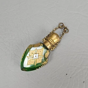 IMPRESIONANTE BOTELLA PERFUMADA ANTIGUA CON SUPERPOSICIÓN DORADA A VIDRIO VERDE - MARCADA - Imagen 1 de 11