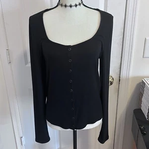 Anthropologie Maeve Long Sleeve Deep V Neck Top Black NWT Large NEW w/ Tags - Picture 1 of 10
