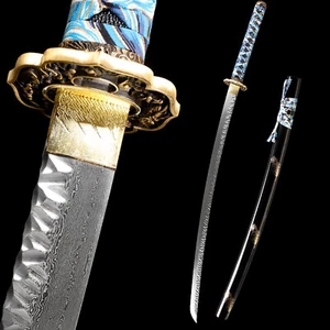 Damascus Folded Steel Japanese Full Tang Samurai Katana Sword Sharp Brass Tsuba - Picture 1 of 16