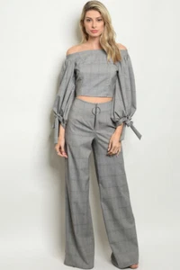 Gray Checkered Top and Wide Leg Pants Set Size Small Business Attire Puff Sleeve - Picture 1 of 2