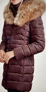 Laundry Shelli Sepal puffer jacket 3/4  new faux fur trim black plum large - Picture 1 of 4