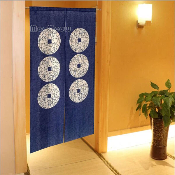 Cortina de puerta Noren japonesa azul patrón de seis monedas tapiz de puerta decoración del hogar Foto 1 de 4