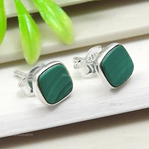 Natural Malachite Stud Heart Chakra Earrings 925 Silver Wedding Gift - Picture 1 of 9