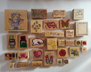 Scrapbook lot of 30 wood stamps Various Themes Sizes Companies See Pictures! - Picture 1 of 9