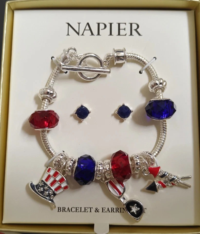 Napier Patriotic USA Silver Charm Dangle Bracelet with Rhinestone Earrings