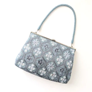 Japanese Vintage Beaded Evening Bag Light Blue Geometric floral pattern 8 x 5 in - Picture 1 of 19