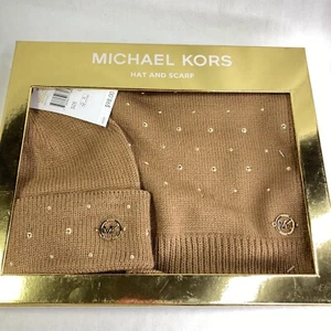 Michael Kors Knit 2 Piece Gift Set Studded Hat and Scarf Beige Tan MSRP $98 NWT - Picture 1 of 13