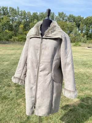 chicos size 3 grey faux suede faux fur full zip women coat - Image 1 of 4