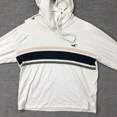 Hollister Sudadera con Capucha Mujer Pequeña Blanca Rayas Logo Manga Larga Ligera Top Foto 1 de 4