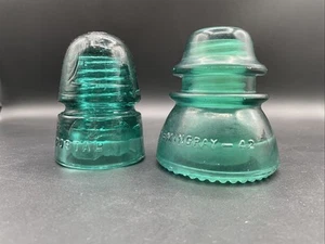 (2) Vtg Teal Aqua Blue Green Hemingray-42, Postal Glass Insulator USA - Picture 1 of 10