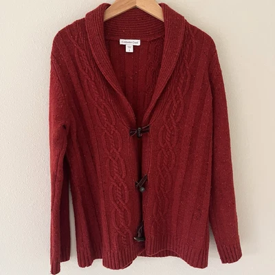 Cárdigan suéter tejido con cable Coldwater Creek grande lana rojo óxido botón de palanca Foto 1 de 4