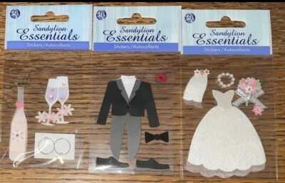 Lote de 3 Esenciales Boda Novia Vestido Novio Esmoquin Champagne 3D Álbum de Recortes Pegatina Foto 1 de 4