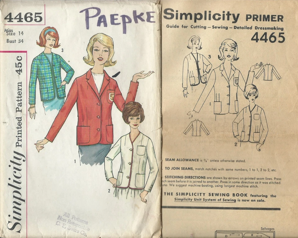 S 4465 sewing pattern 60's trendy BLAZER JACKET optional Notched Collar bust 34" - Image 1 of 1