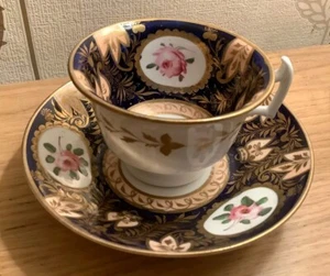 Taza y platillo antiguos c1815 pintados a mano Copeland/Davenport Chins coleccionables  - Imagen 1 de 9