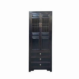 Oriental Black Narrow Wood Carving Shutter Doors Drawers Storage Cabinet cs7728 - Picture 1 of 5