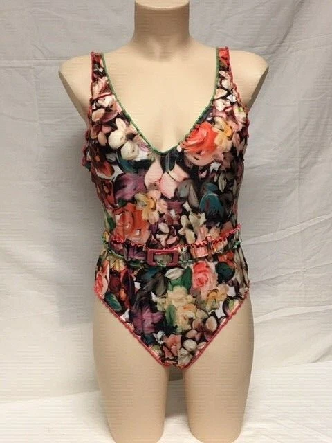 BECCA Impressionist Printed Floral Belted One Piece Swimsuit Sz Large
