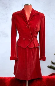 VTG Retro Glam Red Velvet fitted jacket & skirt set holiday party talon zipper M - Picture 1 of 10