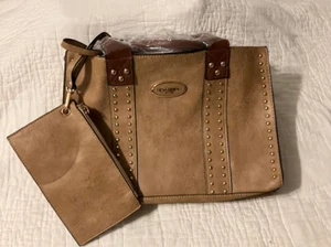Dasein Brown Vegan Leather Handbag w/ Gold Studs + Matching Zipper Pouch-New - Picture 1 of 10