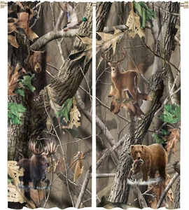 Forest Camouflage Curtains,Wild Animal Bear Deer Elk Blackout Rod Pocket Window - Picture 1 of 8