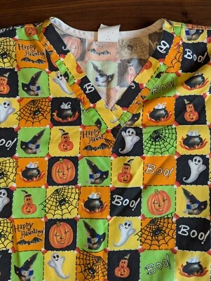 Halloween Scrubs Happy Haunting Size Small Made USA Double Pockets Ghosts Shirt  - Image 1 of 4