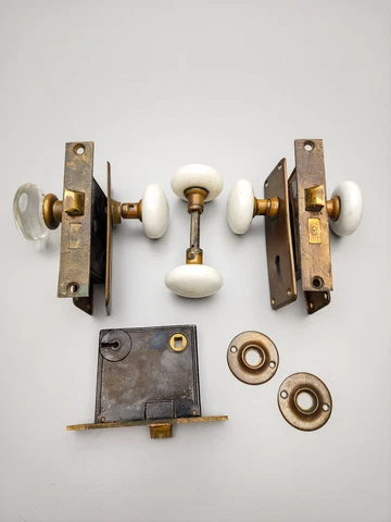 Antique Door Sets with Glass & Porcelain Knobs, Brass Escutcheons, Locks Cover