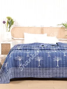 Palm Tree Handmade Pure Kantha Quilt- Vintage Jaipuri Quilt Soft Cotton Bedcover - Picture 1 of 16