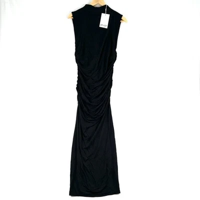 Prujin High Neck Cupro Dress Size L Black Sleeveless Ruched Bodycon Stretch New - image 1 of 4