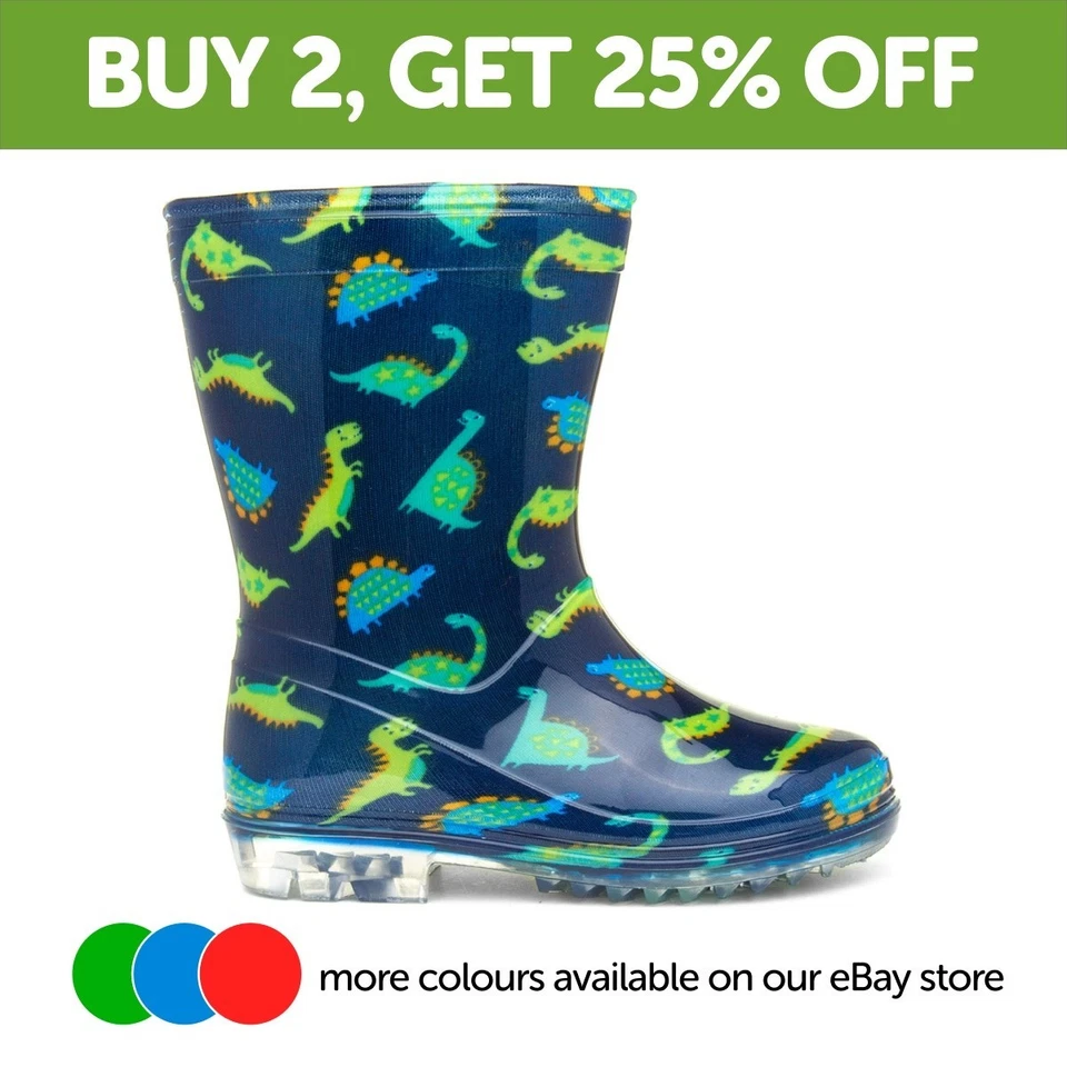 Boys Wellies Multi-Coloured Kids Navy Welly Green Wellington Dinosaur SIZE - Image 1 of 4