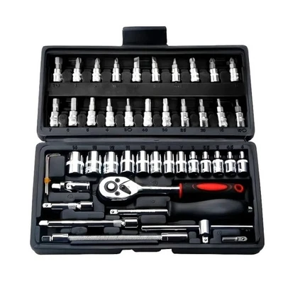 Coffret 46 pièces Boîte Outils  clé à cliquet 1/4'' jeu de douilles Embouts  - Photo 1/4