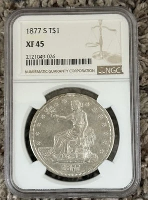 1877 S Trade Silver Dollar $1 NGC XF 45 Looks Au Nicest Xf 45 Listed Rim Toned - Image 1 of 4