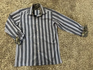 Inserch Icon Jacquard MED 100% Cotton Blue Vertical Striped Button Down Shirt - Picture 1 of 5